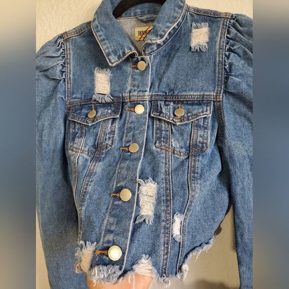Denim Blvd Los Angeles Puff Sleeve Ripped Raw Hem Crop Jean Jacket Dark Blue S - Picture 8 of 12